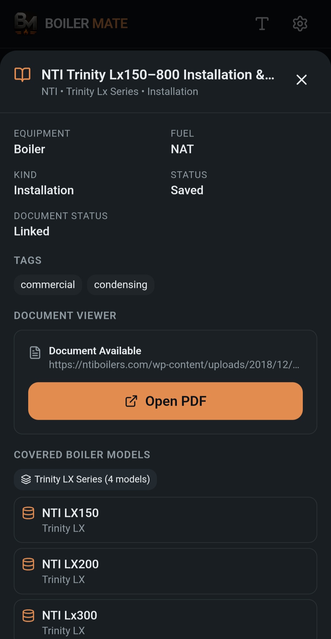 BoilerMate Saved Manuals screen, Manual 2